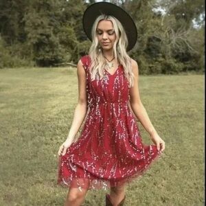 Brand New Southern Fried Chics Red & Gold Sequined Dress - Size XL